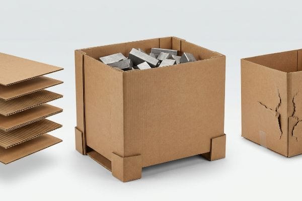 Comparaison de la résistance des emballages Des feuilles de carton ondulé empilées, une boîte robuste à double paroi contenant des blocs de métal et un carton déchiré illustrent la solidité de l'emballage.