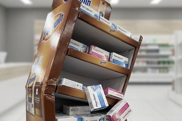 Damaged brown corrugated POP display buckling, with Permalcon, Popprithean, and Pepprison products falling from shelves.