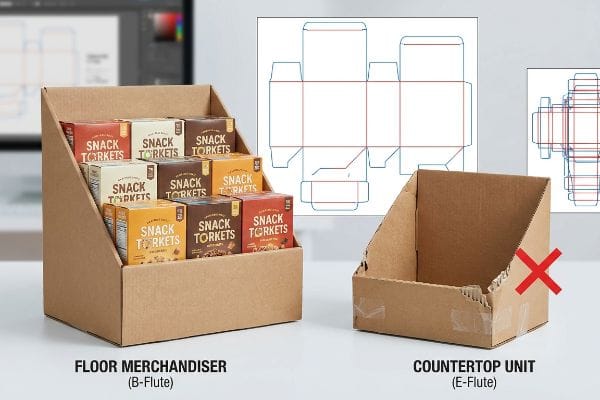 Floor Merchandiser vs Countertop Brown B-flute floor merchandiser display filled with Snack Torkets boxes next to a damaged E-flute countertop unit, with box dielines in the background.