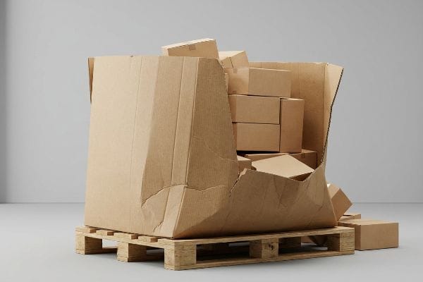 Buckling Gaylord Box Damaged corrugated Gaylord bulk bin, visibly buckled and bowed, spilling smaller boxes onto a wooden pallet.