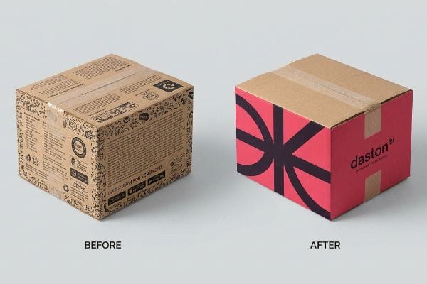 Corrugated cardboard boxes show CPG packaging Before and After redesign. The 'After' box features high-contrast pink with a Daston logo.