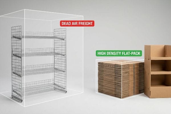 Silver metal wire rack demonstrating Dead Air Freight volume versus High Density Flat-Pack corrugated units, emphasizing shipping efficiency.