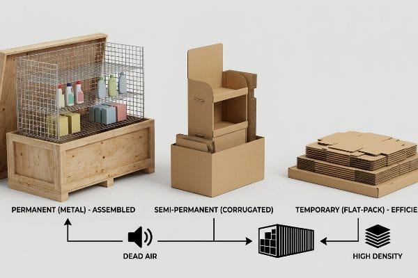 Permanent (Metal) - Assembled, Semi-Permanent (Corrugated), and Temporary (Flat-Pack) - Efficie displays, comparing Dead Air to High Density shipping.