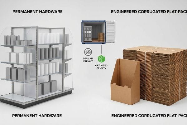 Hardware vs Corrugated Freight Permanent Hardware display contrasted with Engineered Corrugated Flat-Pack, showing Dead Air Freight versus Optimized Density in a container.