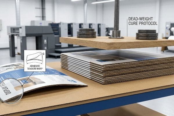 Corrugated cardboard panels, one warped by Adhesive Tension Warp, are shown next to a stack under a Dead-Weight Cure Protocol with weights.