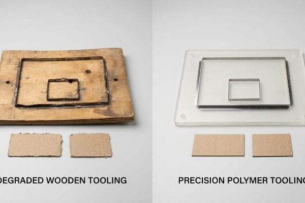 Degraded wooden tooling with a steel rule die and jagged cardboard cuts contrasted with precision polymer tooling producing razor-sharp cuts.
