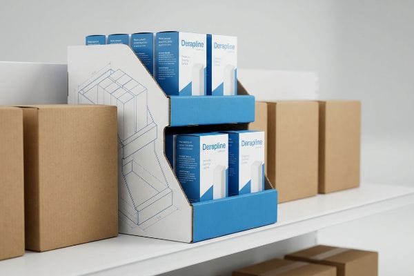 Derapline POP Display Blueprint A two-tiered cardboard point-of-purchase display featuring Derapline product boxes, with a structural blueprint design on its side, surrounded by brown shipping boxes.