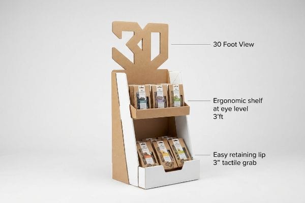 Affichage de la règle 3-3-3 Présentoir de vente au détail en carton kraft avec un bandeau découpé en forme de « 30 » bien visible, doté d'une étagère ergonomique à hauteur des yeux et d'un rebord bas pour un accès facile au produit.