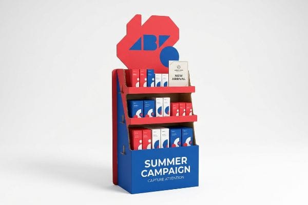 Vibrant red and blue corrugated FSDU with a die-cut '4B' header, showcasing product boxes, a 'New Arrival' sign, and 'Summer Campaign' text.