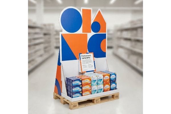 Die-cut retail floor display features high-contrast blue and orange geometric shapes, presenting product boxes on a wooden EUR EPAL pallet.
