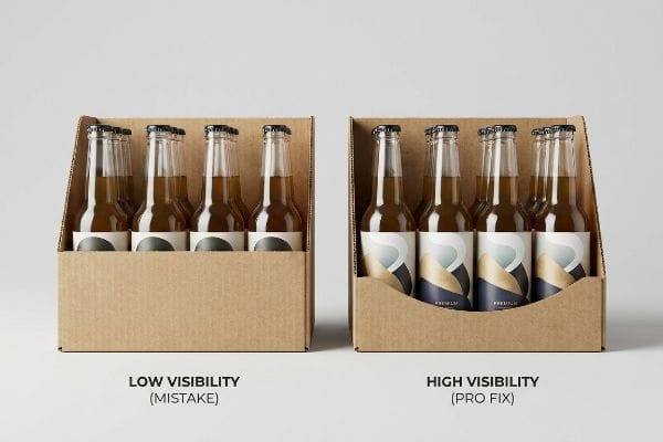 Corrugated six-pack carriers compare Low Visibility (Mistake) with high walls to High Visibility (Pro Fix) featuring die-cut swoops revealing bottle labels.
