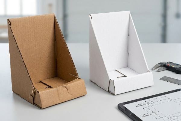 Countertop POS Display Engineering Brown and white E-flute corrugated countertop POS displays, with a digital caliper and dieline diagram showing 2.8mm clearance.