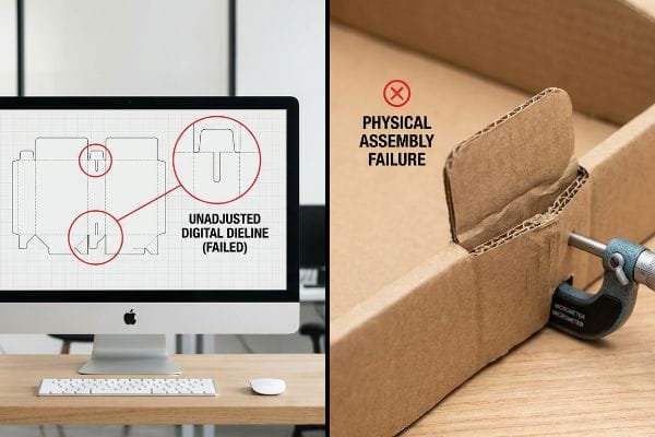 Unadjusted Digital Dieline (Failed) on screen and Physical Assembly Failure of corrugated box measured by micrometer.