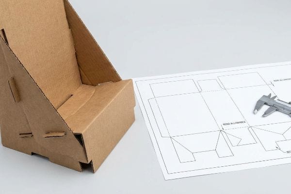 Brown corrugated cardboard display stand next to a dieline drawing with a caliper measuring the Bend Allowance.