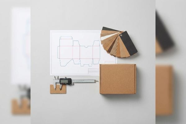 Packaging Design Elements A packaging dieline blueprint, brown cardboard box, digital caliper, and corrugated paperboard samples on a light grey surface.