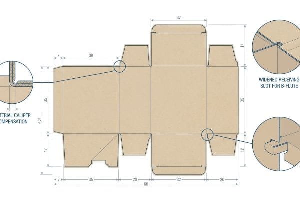 Box Dieline Caliper Compensation Brown corrugated cardboard dieline featuring Material Caliper Compensation and a Widened Receiving Slot for B-Flute.