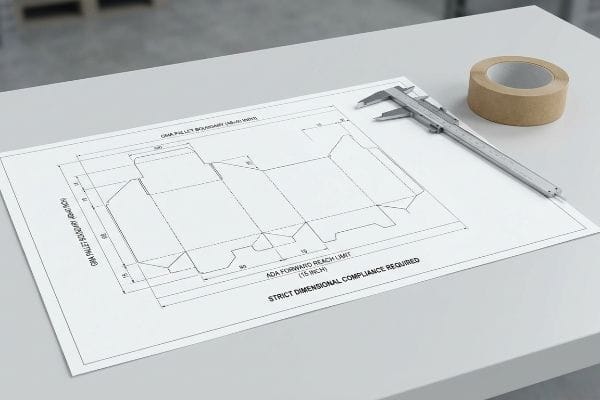 Dieline Compliance Caliper White paper displays structural dieline with 'GMA Pallet Boundary (48x40 Inch)', 'ADA Forward Reach Limit (15 Inch)', and 'Strict Dimensional Compliance Required' text, next to a caliper and tape.