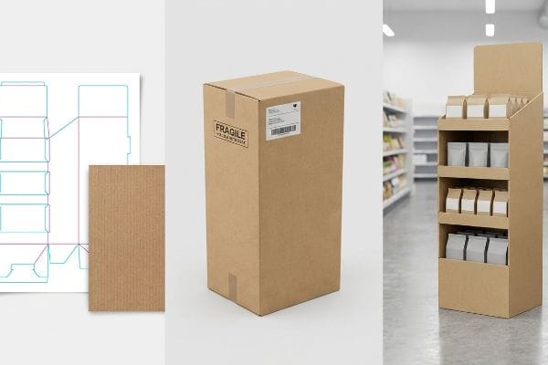 Cardboard Packaging Engineering A retail setting features a cardboard floor stand display, a 'Fragile' shipping box, and a die-cut template with corrugated material, illustrating packaging engineering.