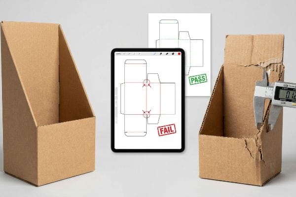Dieline Scaling Failure Damaged corrugated display box, 0.12-inch caliper measurement, "Fail" dieline on tablet, and "Pass" printout.