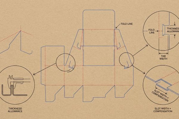 Dieline Compensation Diagram Cardboard dieline diagram illustrating Fold Line, Thickness Allowance, Tab Width, and Slot Width + Compensation for precise packaging.