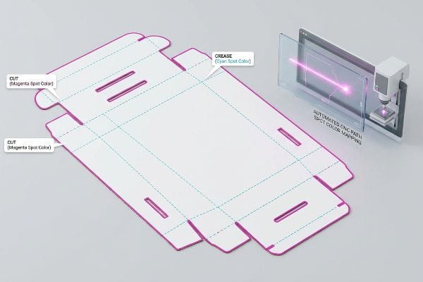 Dieline CNC Spot Colors White dieline design showing magenta cut lines and cyan crease lines, with automated CNC path spot color mapping on a screen.