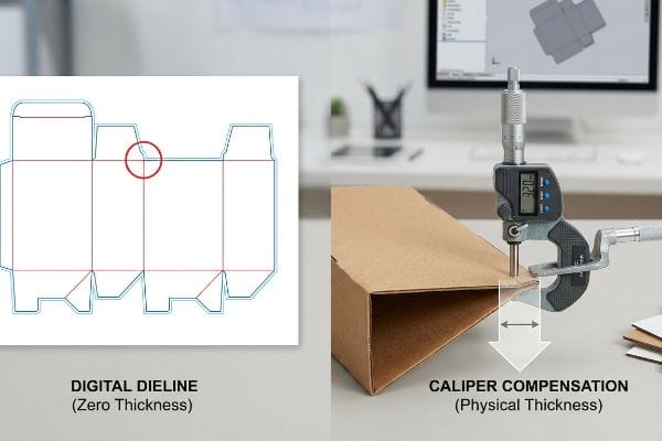 Caliper Compensation Dieline Digital micrometer measures 3.20mm Caliper Compensation (Physical Thickness) on a folded cardboard box, contrasting with a Digital Dieline (Zero Thickness).