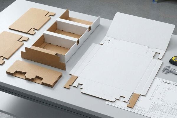 Corrugated packaging components, flat inserts, and a white box with dividers, are displayed with a caliper, tape measure, and a blueprint for Dimensional Tolerance, emphasizing structural engineering.