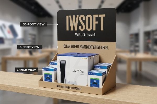 A cardboard point-of-purchase display on a wooden shelf, featuring a PlayStation 5 console box and PS4 product boxes. The display includes text 'Iwsoft', 'With Smaart', 'Clear Benefit Statement At Eye Level', and '88th Consumer Electronics', with labels for '30-Foot View', '3-Foot View', and '3-Inch View'.