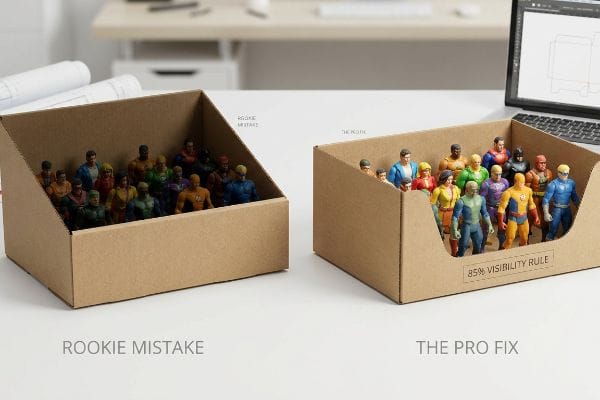 85% Visibility Rule Cardboard display trays show 'Rookie Mistake' vs. 'The Pro Fix' with '85% Visibility Rule' for action figures.