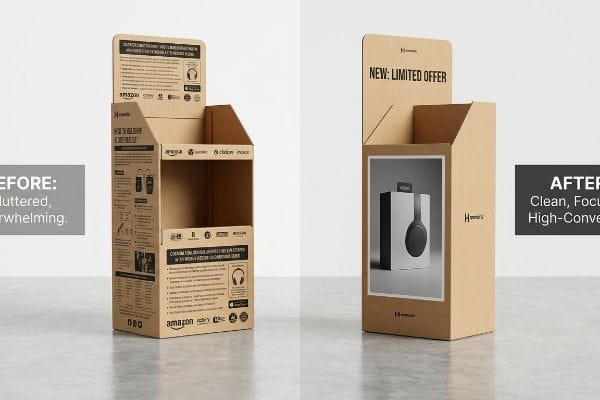 Natural brown corrugated cardboard display comparison: a cluttered 'Before' stand with text and logos versus a clean 'After' stand featuring a headphone box and 'New: Limited Offer'.