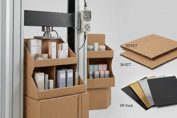 A compression test on a cardboard cosmetic display shows 187.5 lbs, with 32 ECT and 26 ECT corrugated samples, and Sft-Touil material swatches.