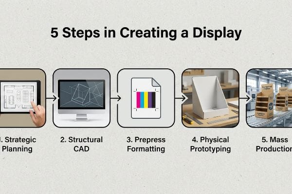 Display Creation Steps Flowchart diagram shows 5 Steps in Creating a Display: Strategic Planning, Structural CAD, Prepress Formatting, Physical Prototyping, and Mass Production of retail merchandisers.