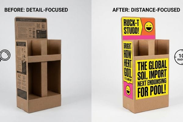 Plain brown cardboard retail display, contrasting 'Detail-Focused' small text with 'Distance-Focused' bold yellow and pink graphics, featuring 'Ruck-T Studd!'.