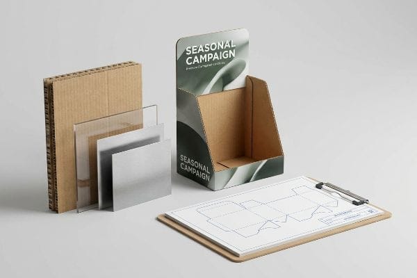 Display Materials Dieline Corrugated cardboard, acrylic, and metal sheets with a 'Seasonal Campaign' POP display made from premium corrugated cardboard, plus a dieline blueprint.
