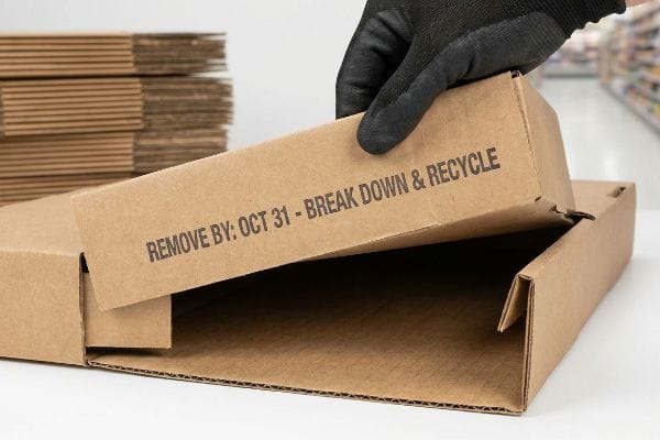 Display Removal Protocol Brown corrugated cardboard display box, a gloved hand revealing 'Remove By: Oct 31 - Break Down & Recycle' on its inner flap.