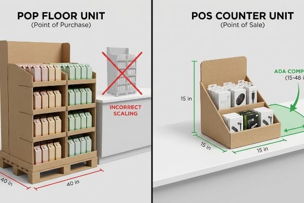 Cardboard Pop Floor Unit (Point of Purchase) at 40 inches, contrasted with a 15-inch Pos Counter Unit (Point of Sale) showing Ada Compliant 15-48 inch dimensions, highlighting incorrect scaling.