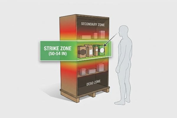 A cardboard retail display illustrates product placement zones, highlighting the green Strike Zone (50-54 In) at human eye level, with Secondary and Dead Zones.