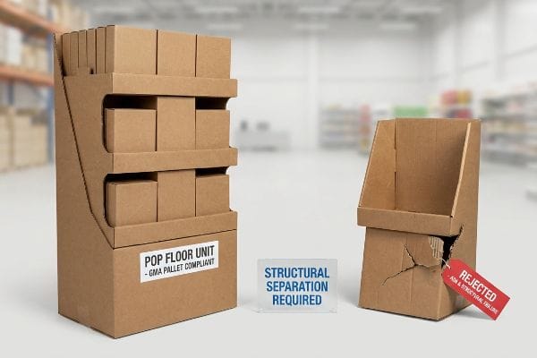 Cardboard POP Floor Unit, GMA Pallet Compliant, beside a rejected display with Structural Separation Required due to ADA & Structural Failure.