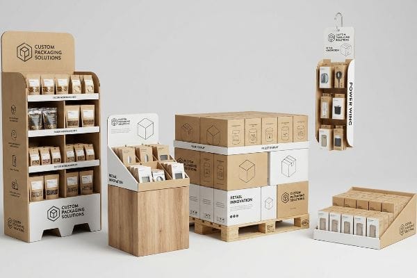 Custom Packaging Solutions: floor, countertop, pallet, hanging Power Wing, and shelf-ready retail displays.
