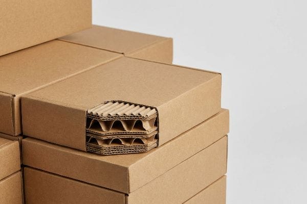 Caixas de papelão marrom empilhadas, uma delas exibindo sua estrutura ondulada de parede dupla com arcos internos canelados.
