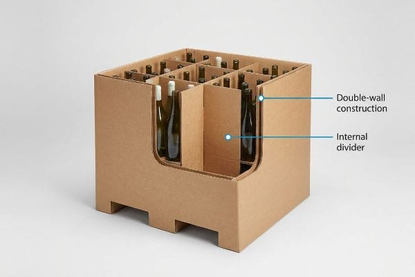 Bouteilles de poubelle en carton Bac de rangement en carton ondulé avec une vue en coupe montrant sa construction à double paroi et ses séparateurs internes, pouvant contenir plusieurs bouteilles en toute sécurité.