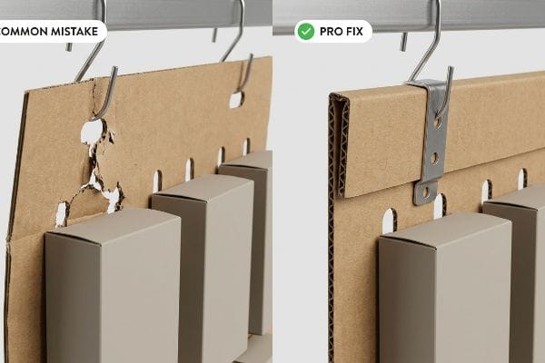 Power Wing Reinforcement Corrugated display: Common Mistake - S-clip tears single-wall panel. Pro Fix - double-wall header, secure metal bracket.