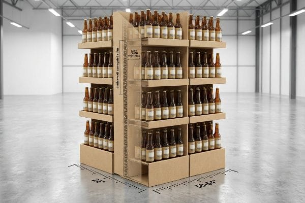 Double-wall corrugated spine end cap display holds amber bottles, showing 'Edge Crush Test Pass' and '50-54"' strike zone.