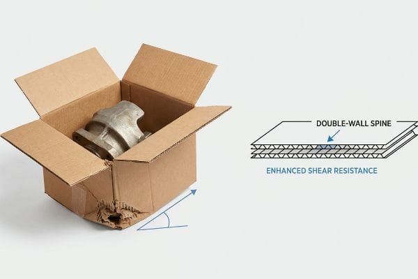 Corrugated box with heavy metal part, showing kinetic shear damage and a diagram of a Double-Wall Spine for Enhanced Shear Resistance.