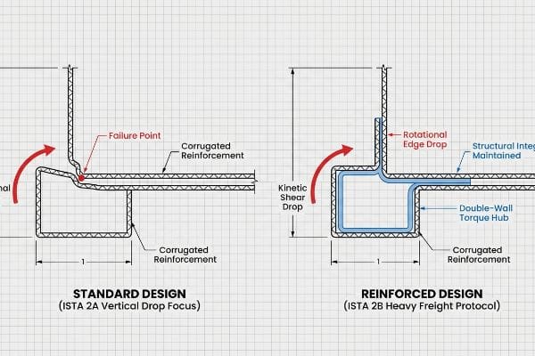 Comparaison des conceptions ISTA Schéma technique comparant le point de défaillance d'une conception standard (ISTA 2A Point de chute verticale) au moyeu de couple à double paroi d'une conception renforcée (ISTA 2B Protocole de fret lourd).
