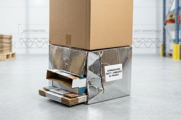 Damaged silver foil-laminated box, labeled "Downgraded 26ECT - Damaged In Transit", crushed under a brown carton, illustrating 32ECT required vs 26ECT downgraded.
