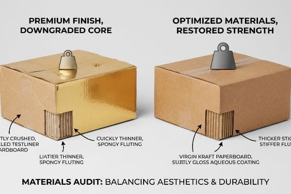Gold box with spongy recycled testliner fluting contrasts with a virgin kraft box featuring stiff aqueous coating, showing material differences.