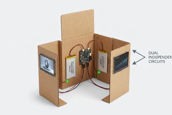 E-flute display showing Dual Independent Circuits, two Pli Auto XXXXXX Power Source batteries, and screens.