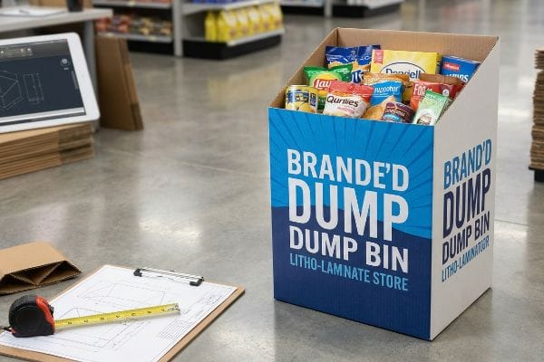 Litholaminiertes Brande'd Dump Bin Display mit Snacks, daneben ein Tablet mit CAD-Konstruktion, Bauplan und Maßband für den Bauingenieurwesen.