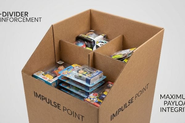 Corrugated dump bin with H-dividers, packaged toys, labeled 'Impulse Point', 'Divider Reinforcement'.